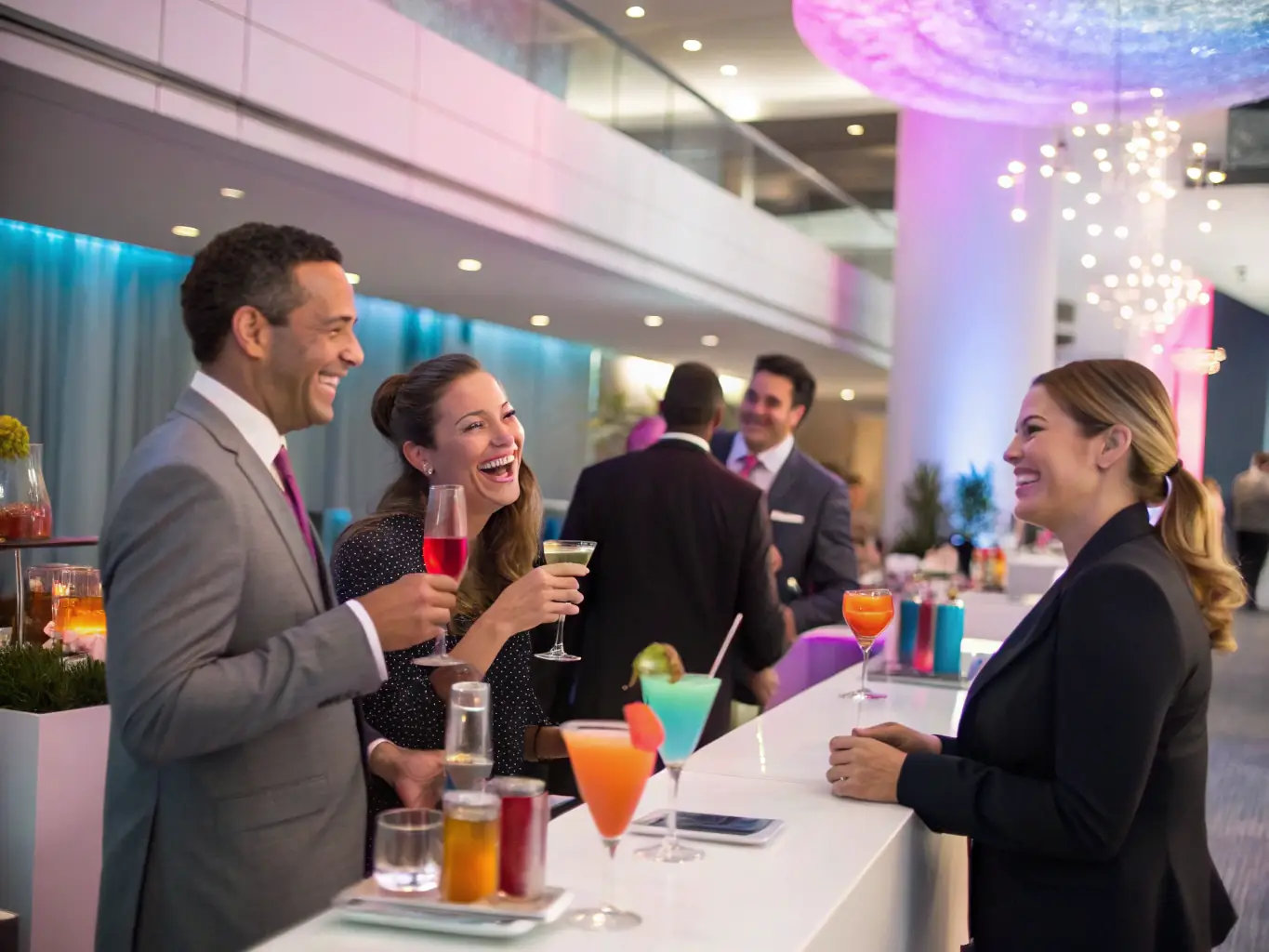 A vibrant and lively mobile bar setup at a corporate event, with attendees enjoying custom cocktails and networking in a relaxed setting.